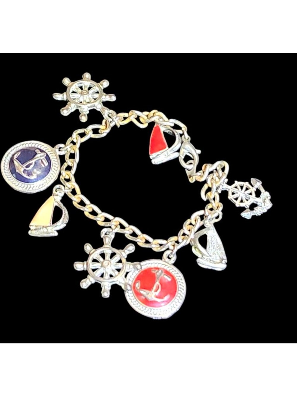 Vintage Nautical Charm Bracelet Enameled Silver ToneCharms Beach-Themed Jewelry